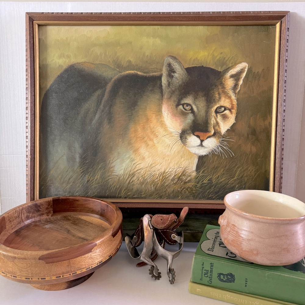 Vintage Framed Mountain Lion Oil Painting Wooden Bowl Spurs Pottery Decor Lot